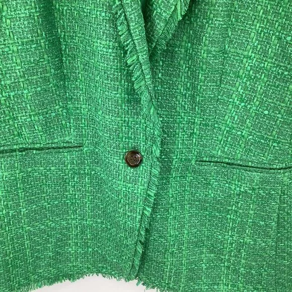 Ann Taylor Women's Green Tweed Blazer Size 14 Single-Breasted Fringe Trim - Picture 2 of 5